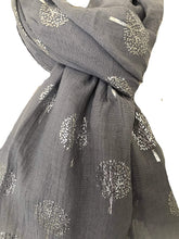 Load image into Gallery viewer, Pamper Yourself Now Light Grey with Silver Foiled Mulberry Tree Design Ladies Scarf/wrap. Great Present for Mum, Sister, Girlfriend or Wife.