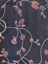 Load image into Gallery viewer, Blue with pink embroidered flowers and leaf design long Scarf/wrap with frayed edge