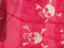 Load image into Gallery viewer, Pamper Yourself Now Pink with White Skull and Cross Bone Design Square Scarf