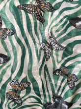 Load image into Gallery viewer, Beige with Green Zebra Animal Print with Butterflies Chiffon Style Thin Scarf.