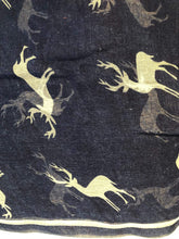 Load image into Gallery viewer, Pamper Yourself Now Blue with White Reindeer Design Scarf with Border. Lovely Long Soft Scarf Fantastic Gift