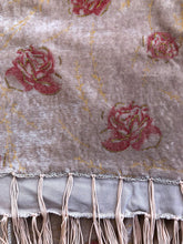 Load image into Gallery viewer, Beige Velvet with red flowers lovely long scarf/wrap with tassels