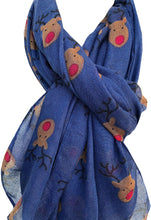 Load image into Gallery viewer, Pamper Yourself Now Navy red Nose Rudolph Reindeer Christmas Long Scarf