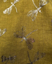 Load image into Gallery viewer, Pamper Yourself Now Mustard with Silver Foiled Glitter Dragonfly Design Long Scarf/wrap