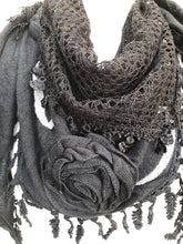 Load image into Gallery viewer, Pamper Yourself Now Black Triangle Scarf with Roses Design and Sequins.