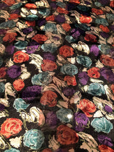 Load image into Gallery viewer, Pamper Yourself Now Black with Green, Purple and Pink Small Roses Scarf Shiny Thin Pretty Scarf