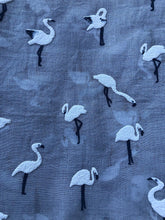 Load image into Gallery viewer, Pamper Yourself Now Grey with White Standing up Flamingo Long Scarf/wrap with Frayed Edge
