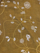 Load image into Gallery viewer, Pamper Yourself Now Mustard with White Embroidered Flowers and Leaf Design Long Scarf/wrap with Frayed Edge