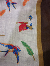 Load image into Gallery viewer, Pamper Yourself Now Beige with Dark Brown Edge Swallow and Feather Scarf Multi Coloured Oversized Soft wrap with Frayed Edge