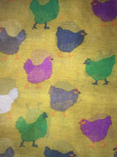 Load image into Gallery viewer, Pamper Yourself Now Mustard with Different Coloured Chickens/Hen Design Ladies Long Soft Scarf
