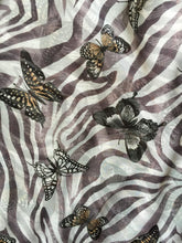 Load image into Gallery viewer, White with Brown Zebra Animal Print with Butterflies Chiffon Style Thin Scarf.
