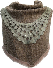 Load image into Gallery viewer, Pamper Yourself Now Tan Triangle Scarf with Fur Trim and Sequin.