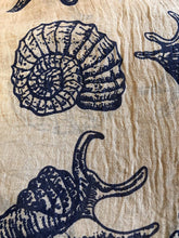 Load image into Gallery viewer, Pamper Yourself Now Beige/Brown with Blue Shells, Star Fish, sea Horse and Fish Under The sea Long Scarf with Frayed Edge.