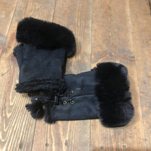 Load image into Gallery viewer, Black faux fur trimmed fingerless mittens/gloves