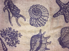 Load image into Gallery viewer, Pamper Yourself Now Beige/Brown with Blue Shells, Star Fish, sea Horse and Fish Under The sea Long Scarf with Frayed Edge.