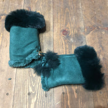 Load image into Gallery viewer, Green Faux Fur Trimmed Fingerless Gloves.