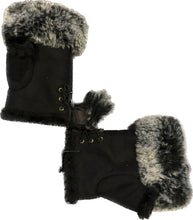 Load image into Gallery viewer, Black Faux Fur Trimmed Fingerless mittens/Gloves.
