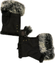 Load image into Gallery viewer, Black Faux Fur Trimmed Fingerless mittens/Gloves.