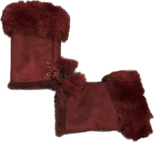 Load image into Gallery viewer, Burgundy Faux Fur Trim Fingerless mittens.
