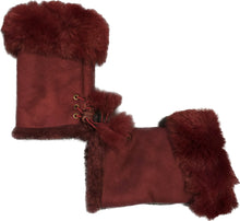 Load image into Gallery viewer, Burgundy Faux Fur Trim Fingerless mittens.