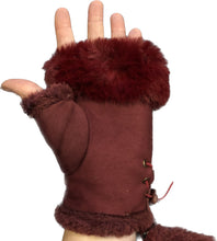 Load image into Gallery viewer, Burgundy Faux Fur Trimmed Fingerless Gloves/mittens.
