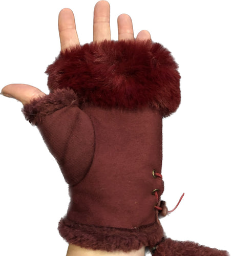 Burgundy Faux Fur Trimmed Fingerless Gloves/mittens.