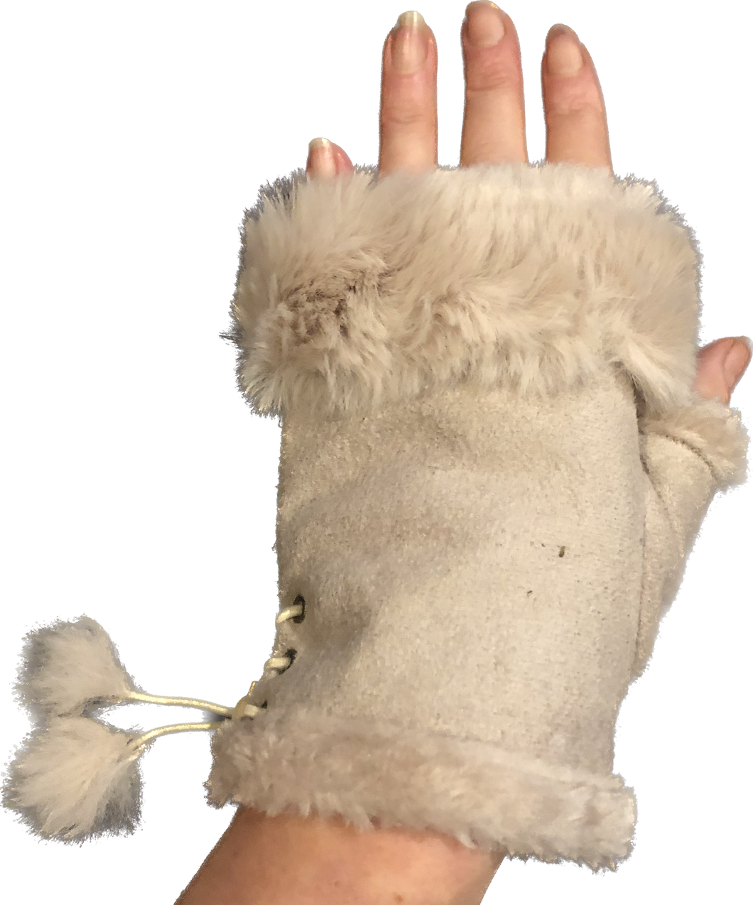 Cream Faux Fur Trimmed Fingerless Gloves/mittens