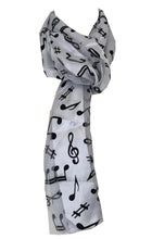 Load image into Gallery viewer, White Musical Notes Scarf with black Notes