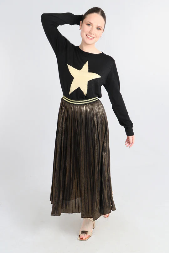 Gold foil pleated midi cheap skirt