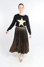 Load image into Gallery viewer, Black Gold Foil Pleated Skirt with Glitter Stripe Waistband (A133)