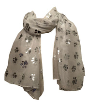 Load image into Gallery viewer, Pamper Yourself Now White with Silver Dog paw Print Long Scarf.