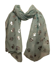 Load image into Gallery viewer, Pamper Yourself Now Aqua Green with Silver Dog paw Print Long Scarf.
