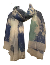 Load image into Gallery viewer, Blue grey and green tree design scarf
