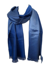 Load image into Gallery viewer, Pamper Yourself Now Blue and Light Blue Reversible 100% Silk Scarf/wrap with Slightly Frayed Edge Lovely Long Scarf