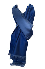 Load image into Gallery viewer, Pamper Yourself Now Blue and Light Blue Reversible 100% Silk Scarf/wrap with Slightly Frayed Edge Lovely Long Scarf
