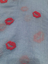 Load image into Gallery viewer, Blue with Pink Embossed Lips Design Scarf with Frayed Edge Lovely Long Soft Scarf Fantastic Gift