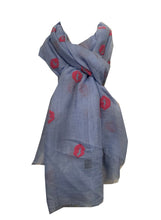 Load image into Gallery viewer, Blue with Pink Embossed Lips Design Scarf with Frayed Edge Lovely Long Soft Scarf Fantastic Gift