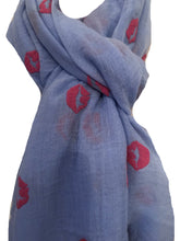 Load image into Gallery viewer, Blue with Pink Embossed Lips Design Scarf with Frayed Edge Lovely Long Soft Scarf Fantastic Gift