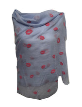 Load image into Gallery viewer, Blue with Pink Embossed Lips Design Scarf with Frayed Edge Lovely Long Soft Scarf Fantastic Gift