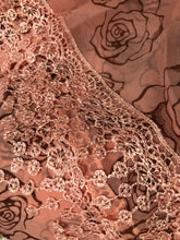 Load image into Gallery viewer, Pink with Brown Roses Chiffon Style Triangle Scarf with lace Trim. a Lovely Fashion Item. Fantastic Gift