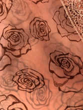 Load image into Gallery viewer, Pink with Brown Roses Chiffon Style Triangle Scarf with lace Trim. a Lovely Fashion Item. Fantastic Gift