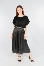 Load image into Gallery viewer, Black silver Foil Pleated Skirt with Glitter Stripe Waistband (A134)