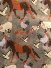 Load image into Gallery viewer, Grey Farmyard Animals Horses, Sheep, Lambs, Chickens and Geese Scarf/wrap
