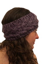 Load image into Gallery viewer, Purple/light grey mixed coloured woollen machine knitted headband. Warm winter headband