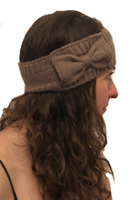 Load image into Gallery viewer, Brown woollen machine knitted headband with bow. Lovely to keep your head warm in the winter.