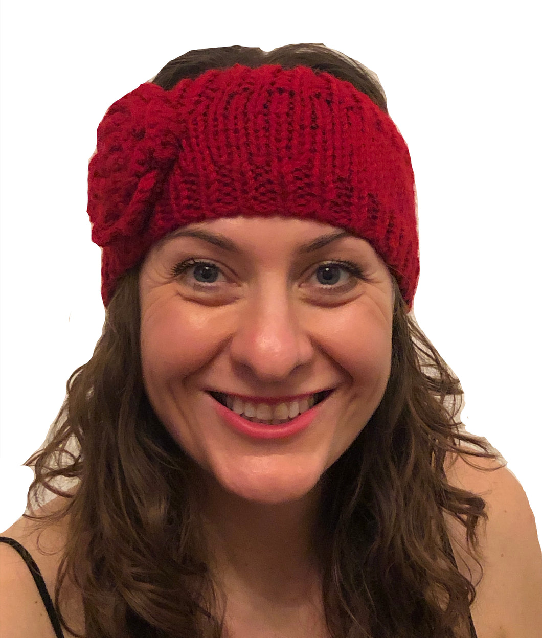 Red woollen machine knitted headband with flower. Warm winter headband