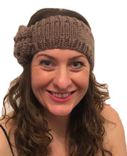 Load image into Gallery viewer, Brown woollen machine knitted headband with flower. Warm winter headband