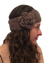 Load image into Gallery viewer, Brown woollen machine knitted headband with flower. Warm winter headband