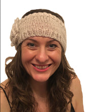 Load image into Gallery viewer, Cream woollen machine knitted headband with flower. Warm winter headband