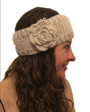 Load image into Gallery viewer, Cream woollen machine knitted headband with flower. Warm winter headband